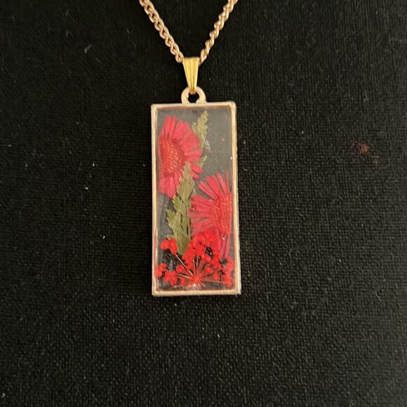 Resin Necklace with Red and Green Florals - Picture 3 of 7